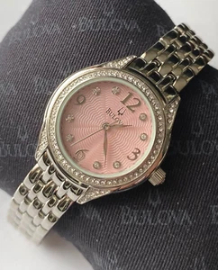 BULOVA 96X124 WOMEN'S PINK DIAL CRYSTALS ON BEZEL MARKERS STAINLESS STEEL WATCH - Picture 1 of 4