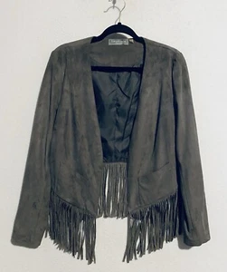 Bagatelle Jacket Womens Medium Gray Faux Suede Fringe Open Front Western Boho - Picture 1 of 5
