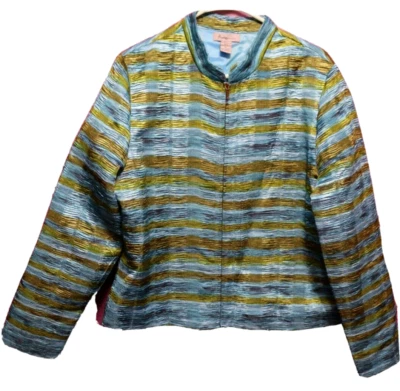Analogía ♈Chaqueta Mujer Arrugada Cremallera Talla XL~Turquesa/Verde/Azul Rayas Foto 1 de 3