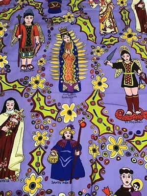 TERRIE MANGAT Tossed Saints Los Sanctos Cotton Fabric Periwinkle By Yard 44x36” - Image 1 of 4