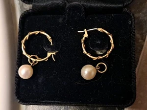 New 14K Yellow Solid Gold Loop Designer Earrings Worn With Pearl Or Without - Picture 1 of 24