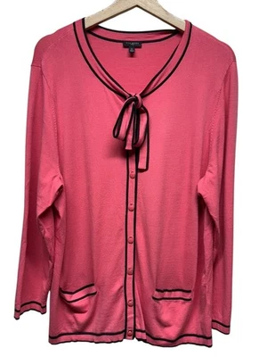 Talbots Button Front Cardigan Sweater Women 2X Plus Size Pink Bow Tie Preppy - Image 1 of 4