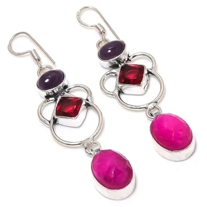 Natural Onyx, Malachite Gemstone 925 Sterling Silver Earring 3.07 " P985 - Picture 1 of 7