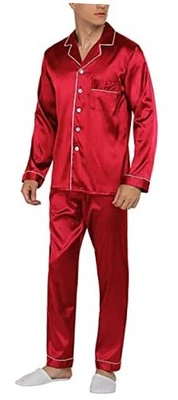  Conjunto de pijama de satén clásico para hombre manga corta y mediano rojo-mangas largas pantalones Foto 1 de 3