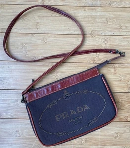 Bandolera vintage Prada Milano de lona marrón con ribete de cuero, buen estado - Imagen 1 de 9