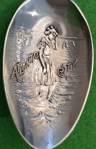 RARE! Atlantic City Lady Swimmer Queen of Coast 1854 Sterling 6" Souvenir Spoon Cover