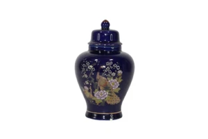 Vintage Sammlerstück japanischer blauer Pfau Blumenmuster Porzellan Ingwer Glas mit Deckel - Bild 1 von 10