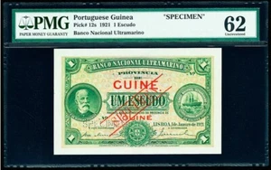 Portuguese Guinea One Escudo 1921 SPECIMEN Pick-12s CH UNC PMG 62 - Picture 1 of 2