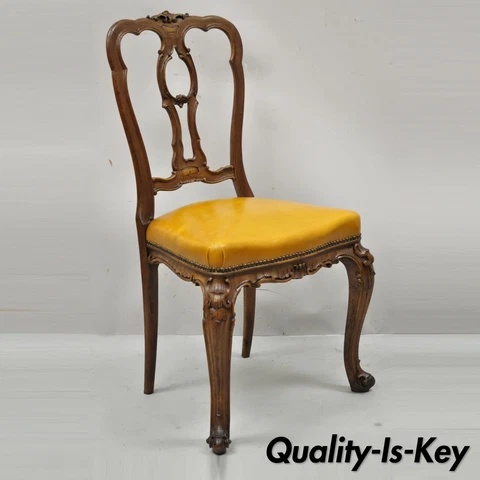 French Louis XV Carved Walnut Cabriole Leg Leather Upholstered Accent Side Chair Cover