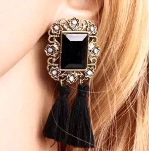 Women Boho Hippie Tassel Dangle Earrings Black - Picture 1 of 8