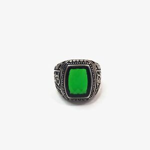 Men's Sterling Silver & Checkerboard Cut Green Glass Stone Ring Signed B.S