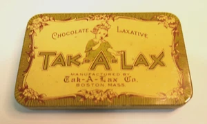 Vintage Metal Tin Box "Tak-A-Lax" Chocolate Laxative Boston Mass. 4 3/4 x 2 1/4 - Picture 1 of 6