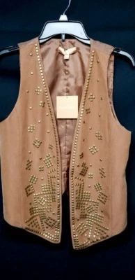  ELLEN TRACY Women's Small Brown NWT Gold Studded Faux Open Front Suede Vest  - Image 1 of 4