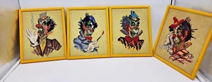 4 Vintage Clown Needlepoint Completed Framed Wall Hanging Yarn Art - Picture 1 of 5