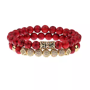 Fashion Women Men Luxury Micro Pave CZ Ball Crown Red Agate Bracelets Jewelry - Picture 1 of 32