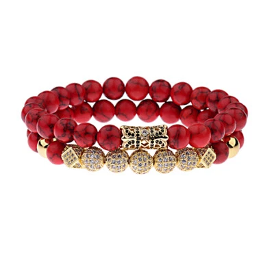 Moda Mujeres Hombres Lujo Micro Pavé Circonita cúbica Bola Corona Ágata Roja Pulseras Joyería Foto 1 de 4