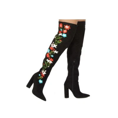 Botas negras florales bordadas por encima de la rodilla talla 9 Foto 1 de 3