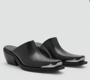 Zapatos para mujer MNG Mango $219 Western Mules de cuero negro punta metálica 37 - Imagen 1 de 9