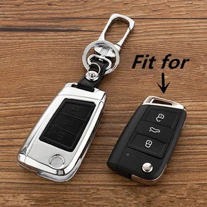 Black Alloy for VW Volkswagen 3 Buttons Leather Flip Remote Key Cover Holder Fob - Picture 1 of 4