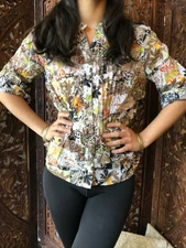 Boho Gypsy Hippy 70sRetro Pleated Shirt Floral Blouse Button Front Blouse Tops M