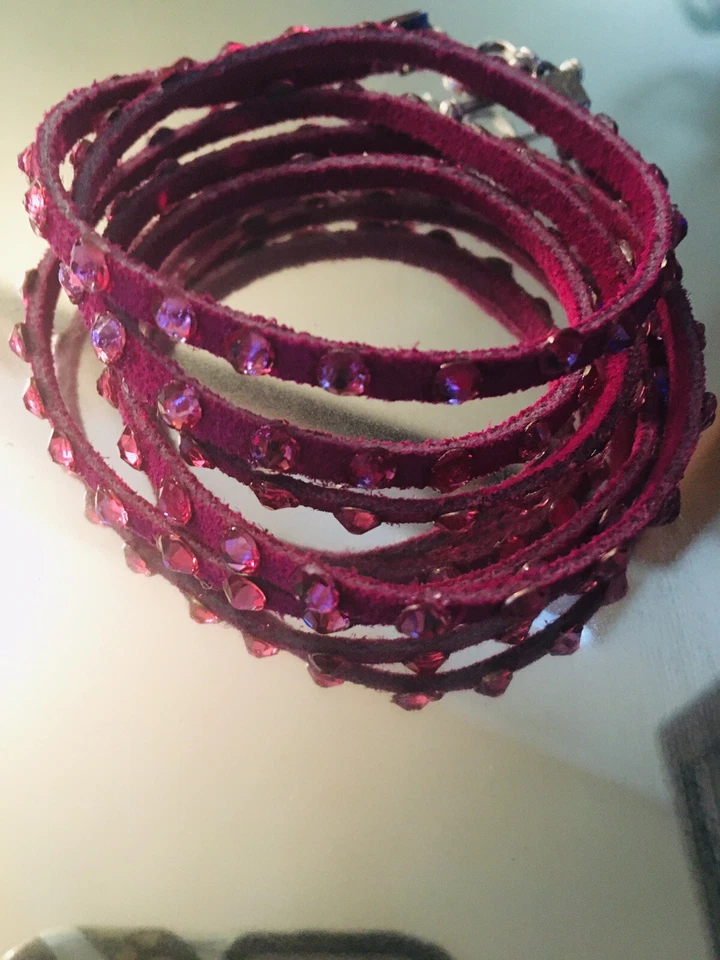 Swarovski Crystal and Leather 5 wrap bracelet in Pink with Rose pink crystals - Image 1 of 1