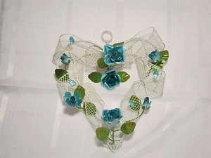 Vintage Silber Metallgeflecht Draht Herz Metalic Blau Grün Rosen Blume Shabby Chic - Bild 1 von 16