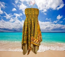 Womens Summer Travel Dresses, Green Yellow Boho Beach Dress, Halter Dresses, S/M
