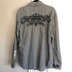 Do Denim Western Shirt Mens L Black White Check Embroidered Roll Tab Sleeves - Picture 1 of 17
