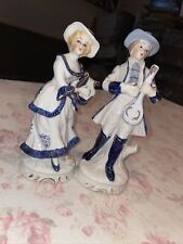 VINTAGE-Victorian Couple Man & Woman Figurines Cobalt Blue and White Porcelain!