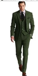 Olive Green Men Suit Tweed Vintage Check Prom Party Groom Tuxedo Wedding Custom - Picture 1 of 9