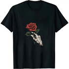 Gusseak Unisex Skeleton Hand Red Rose Flower Graphic T-Shirt Short Sleeve Black