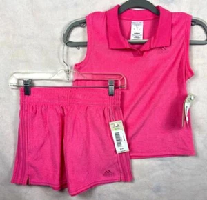 NWT Adidas Girl’s L Pink Active Set - Terry Cloth Sleeveless Polo Top and Shorts - Picture 1 of 8