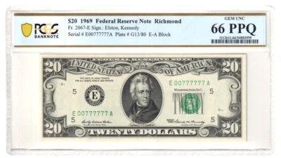 ♚♚Fancy Solid Serial Number♚♚ PCGS 66 PPQ $20, 1969 - Image 1 of 4