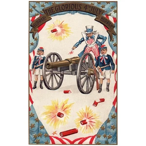 Cartolina Il Glorioso 4 Luglio Zio Sam e Bambini Accensione Cannone - Foto 1 di 2