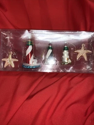 NIB Nautical Glass Christmas Ornament Set STARFISH & LIGHTHOUSE Ocean Sea lot - Image 1 of 4