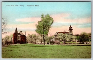 1920's TOWN HALL LIBRARY PRINCETON MASSACHUSETTS HANDCOLORED ALBERTYPE POSTCARD - Picture 1 of 2