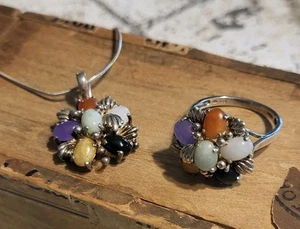 Vintage bunter Jade Cabochon Anhänger mit Kette & Ring Set 925 Sterling Silber - Bild 1 von 20