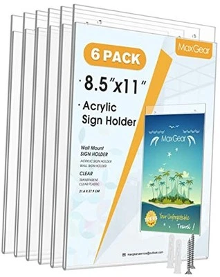  Pack Wall Mount Sign Holder 8.5 x 11, Clear Plastic Picture Frames with 6 - Image 1 of 4