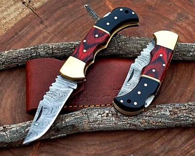 Damascus handmade Back Lock Folding Pocket knife camping Hunting Knife wid Pouch - Image 1 of 4