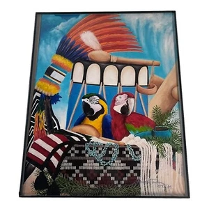 Native American Woven Basket Kachina Blue Gold Macaw Print Picture Framed 8x10 - Picture 1 of 7