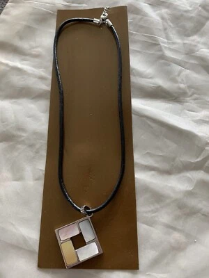 Bohemian Mother of Pearl Shell Square Drop Necklaces Pendant With Black Cord 20” - Image 1 of 2