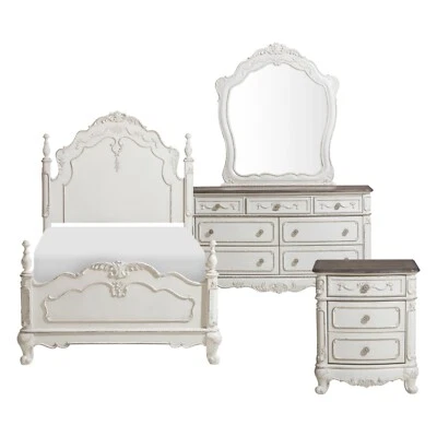 DREAMY ANTIQUE WHITE 4 PC TWIN BED N/S DRESSER MIRROR BEDROOM FURNITURE SET - Image 1 of 4