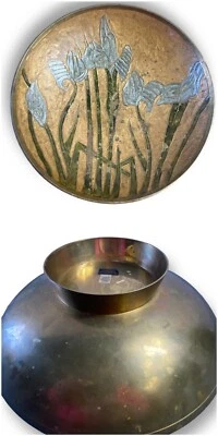 Vtg Solid Brass Enamel Deep Footed Bowl Dish India Floral Iris Art Deco 9.5” - Image 1 of 4