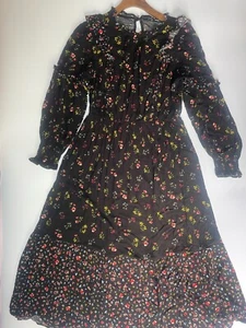M&S Collection Tiered Midi Dress UK 12 Black Floral Frills Summer Holiday Casual - Picture 1 of 14
