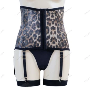 Luxallacki Leopard Mesh Patchwork Boned Waist Cincher Garter Belt 6 Claws Shaper - Picture 1 of 14