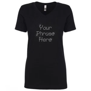 Personalisiertes Damen-T-Shirt aus Strass Edelstein Bling V-Ausschnitt maßgeschneidert drei Linien - Bild 1 von 16