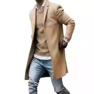 Long Overcoat Simple Warm Pockets Trench Coat Mid-length Men Coat Warm - Picture 1 of 29