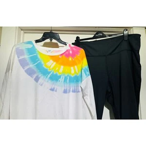 CROWN & IVY Rainbow High Rise Black Leggings & White Rainbow Shirt XL-XXL - Picture 1 of 10