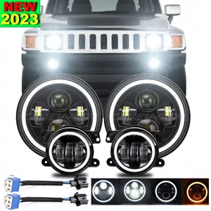 7" Led Headlights & 4" Fog Lights Combo Kit For Hummer H3 H3T Jeep Wrangler JK - Picture 1 of 13