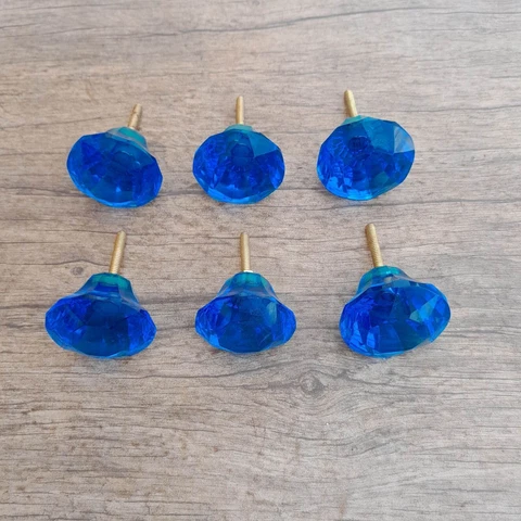 6pcs vintage diamond blue depression cut glass door drawer knob handle pull Cover